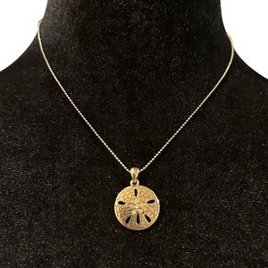 Sandollar Pendant Necklace Rhinestone Inlay Antique Gold Tone Adjustable Length